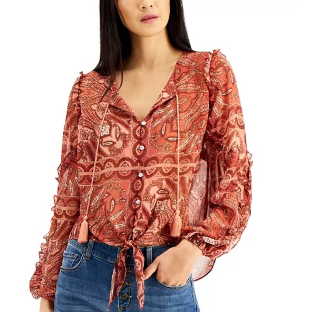 New INC International Concepts Burnt Orange Boho Tie Front Button Down Medium